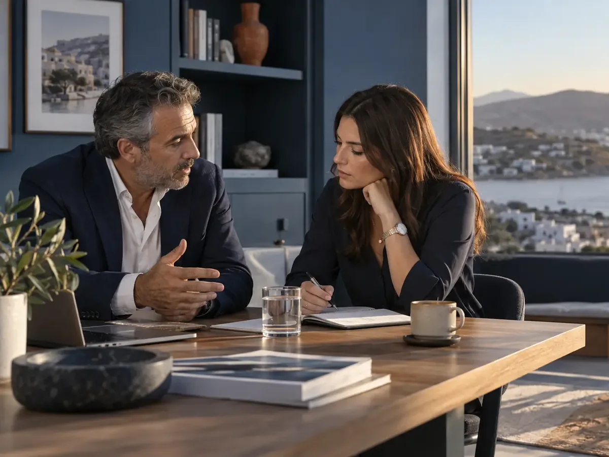 Συζήτηση δύο επαγγελματιών σε γραφείο με θέα τη θάλασσα