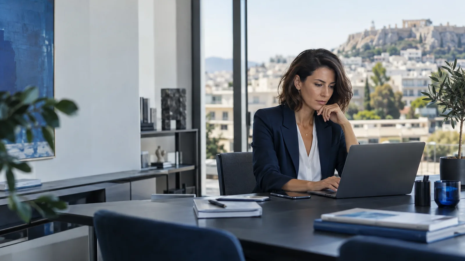Επαγγελματίας real estate εργάζεται σε σύγχρονο γραφείο στην Αθήνα