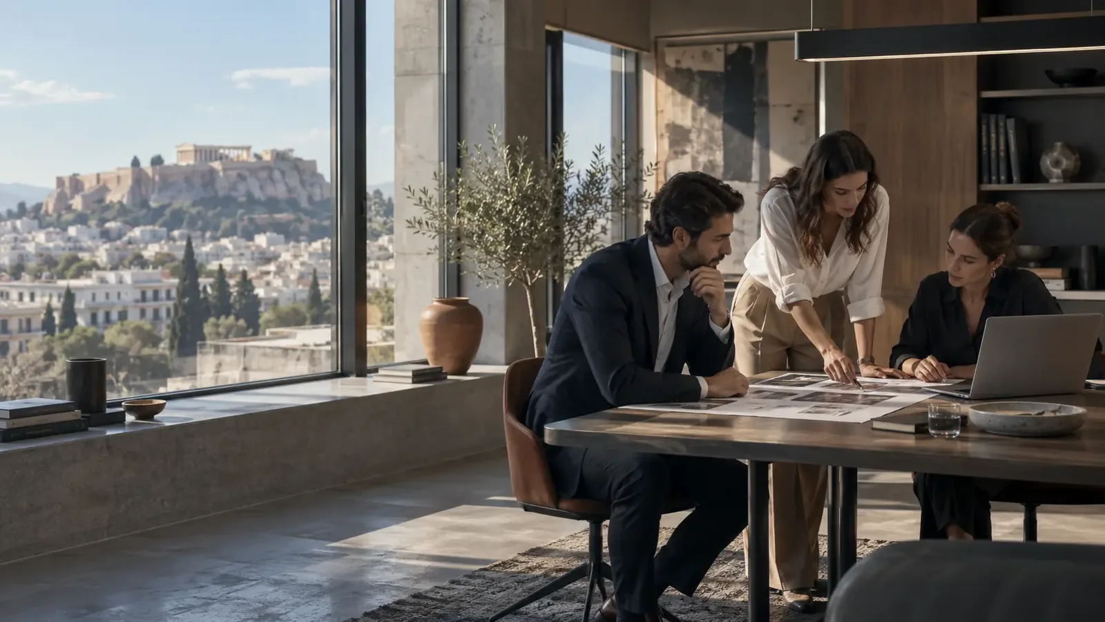 Τρεις επαγγελματίες του real estate δουλεύουν μαζί σε γραφείο με θέα την Ακρόπολη