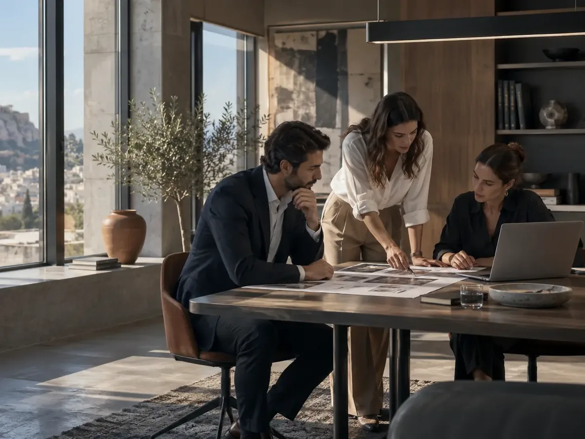 Τρεις επαγγελματίες του real estate δουλεύουν μαζί σε γραφείο με θέα την Ακρόπολη